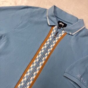 Stussy Full Zip Sweater Polo Shirt Men's Small Blue Cuban Bowling 70s VTG Style